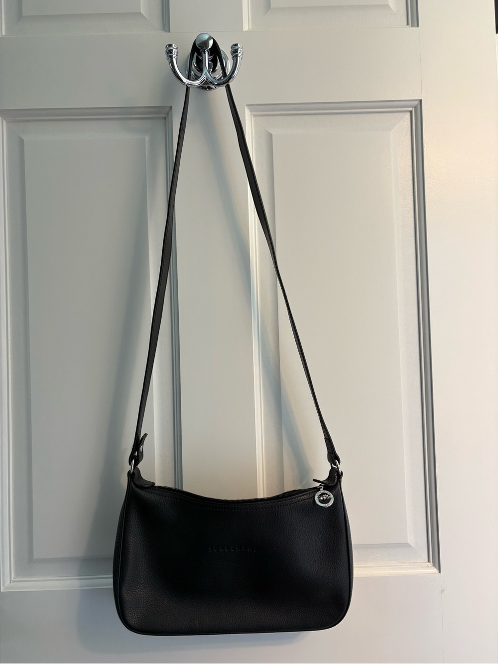 Longchamp Black Pebbled Leather Shoulder Bag with Silver Charm